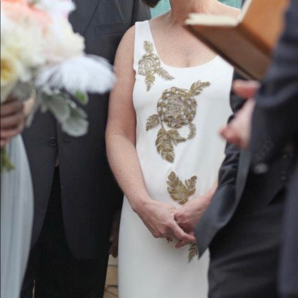 MARCHESA ivory sleeveless dress with gold beading